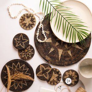 Set of 6-Piece Woven Nito Vine Coaster Set, Rattan Decor, Wicker, Boho
